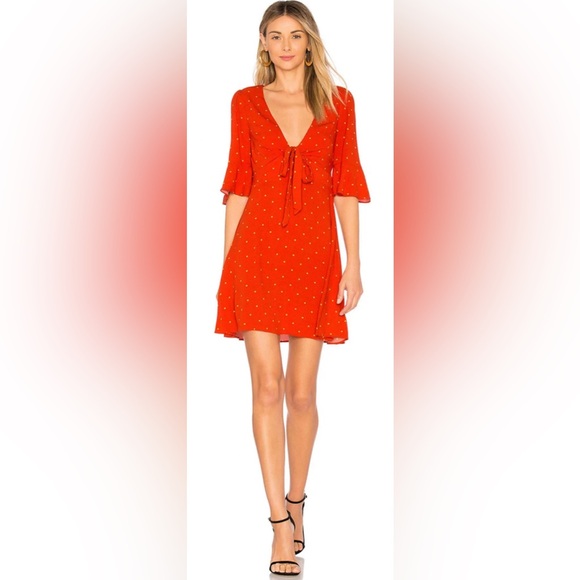 Free People All Yours Polka Dot V Neck Mini Dress in Red with Bow Detail - Picture 1 of 15
